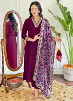 Viscose Silk Wine Casual Wear Bandhani Print Readymade Suit